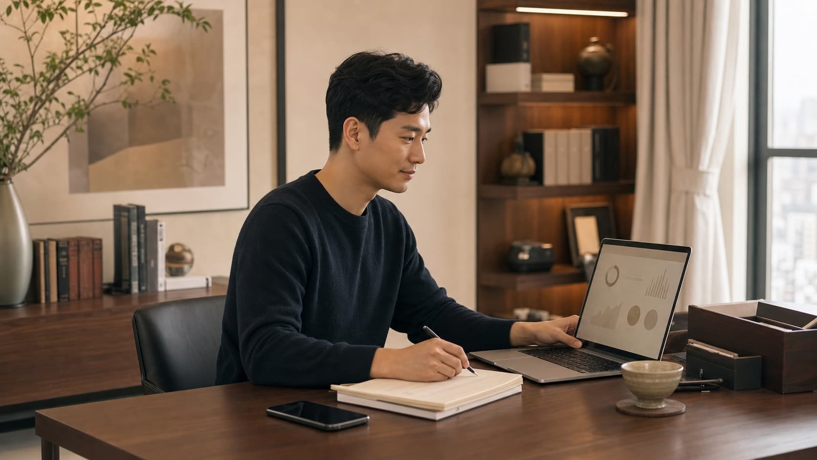 노트북으로 상담 부업을 운영하는 사주 창업자
